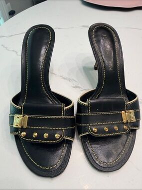 Louis Vuitton Black Leather Slide Mules with Gold Hardware